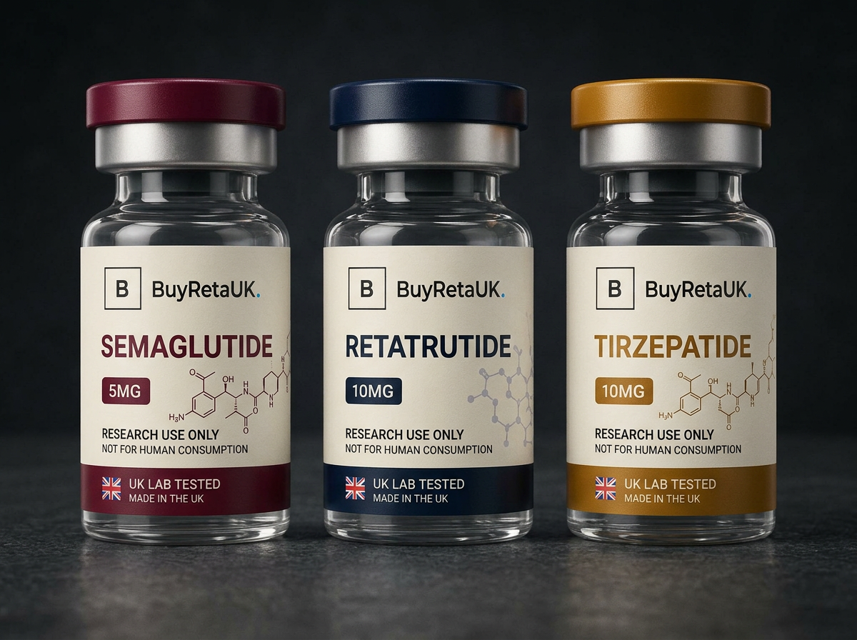 BuyRetaUK Semaglutide, Retatrutide and Tirzepatide 10mg lyophilised research peptide vials